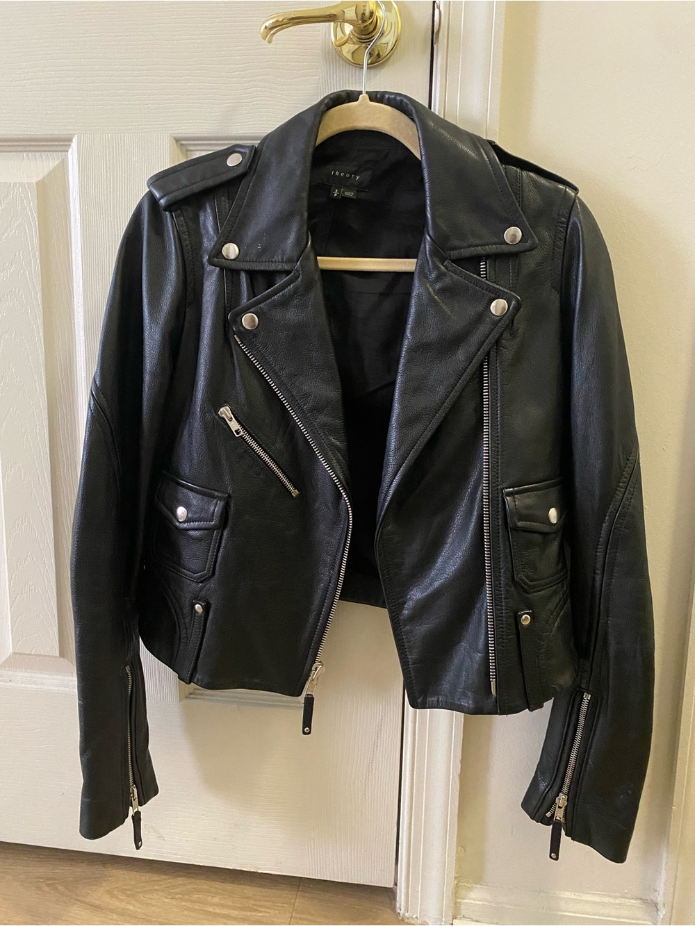 Theory Black Leather Moto Jacket with Silver Hardware